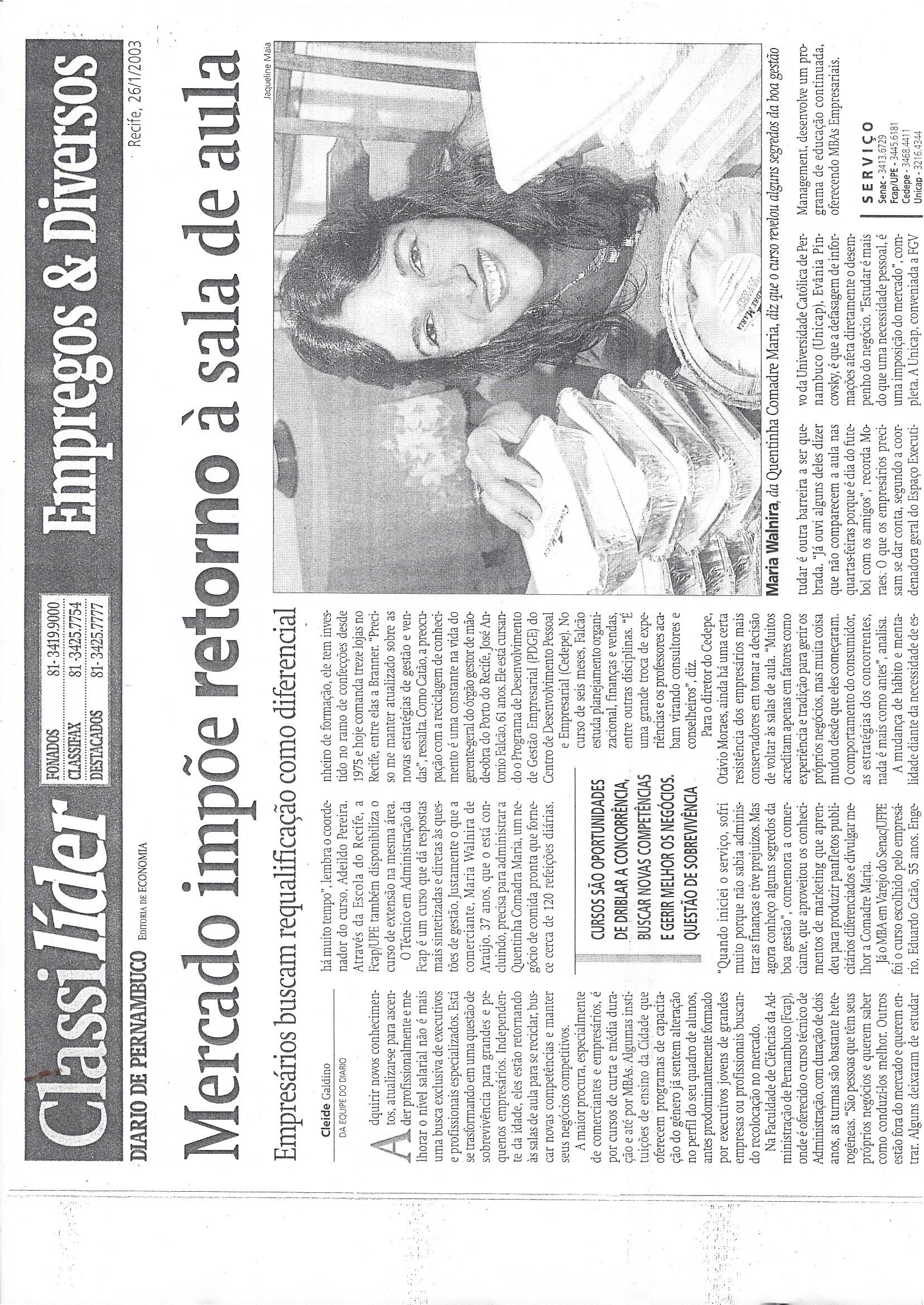 Matéria do Diario de Pernambuco de janeiro de 2003 sobre a Comadre Maria